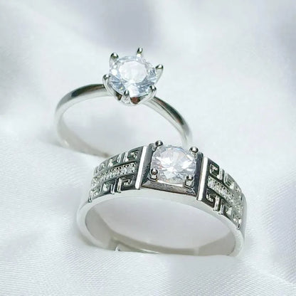 Silver Plated Crystal Couple Rings Set of 2 Adjustable
