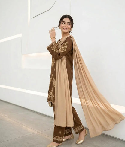 Brown Embroidered 3-Piece Cotton Lawn Suit for Women