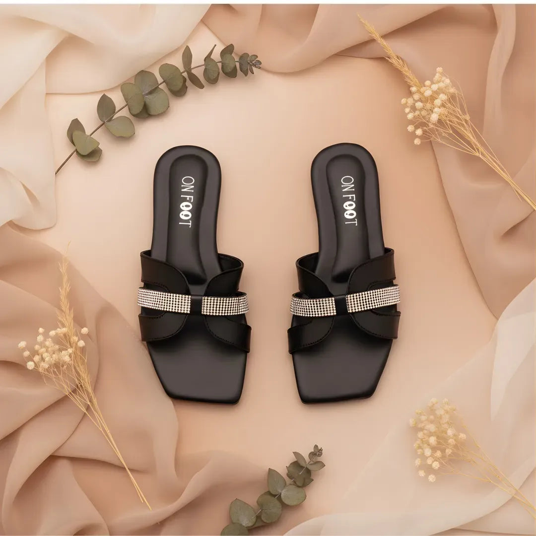 Black Crystal Glide Sandals for Women
