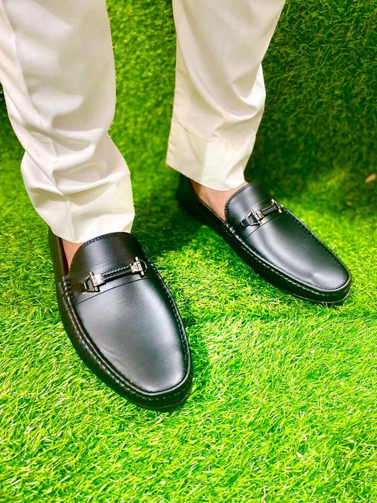 Men's Black Rexine Loafer Shoes with Metal Accents
