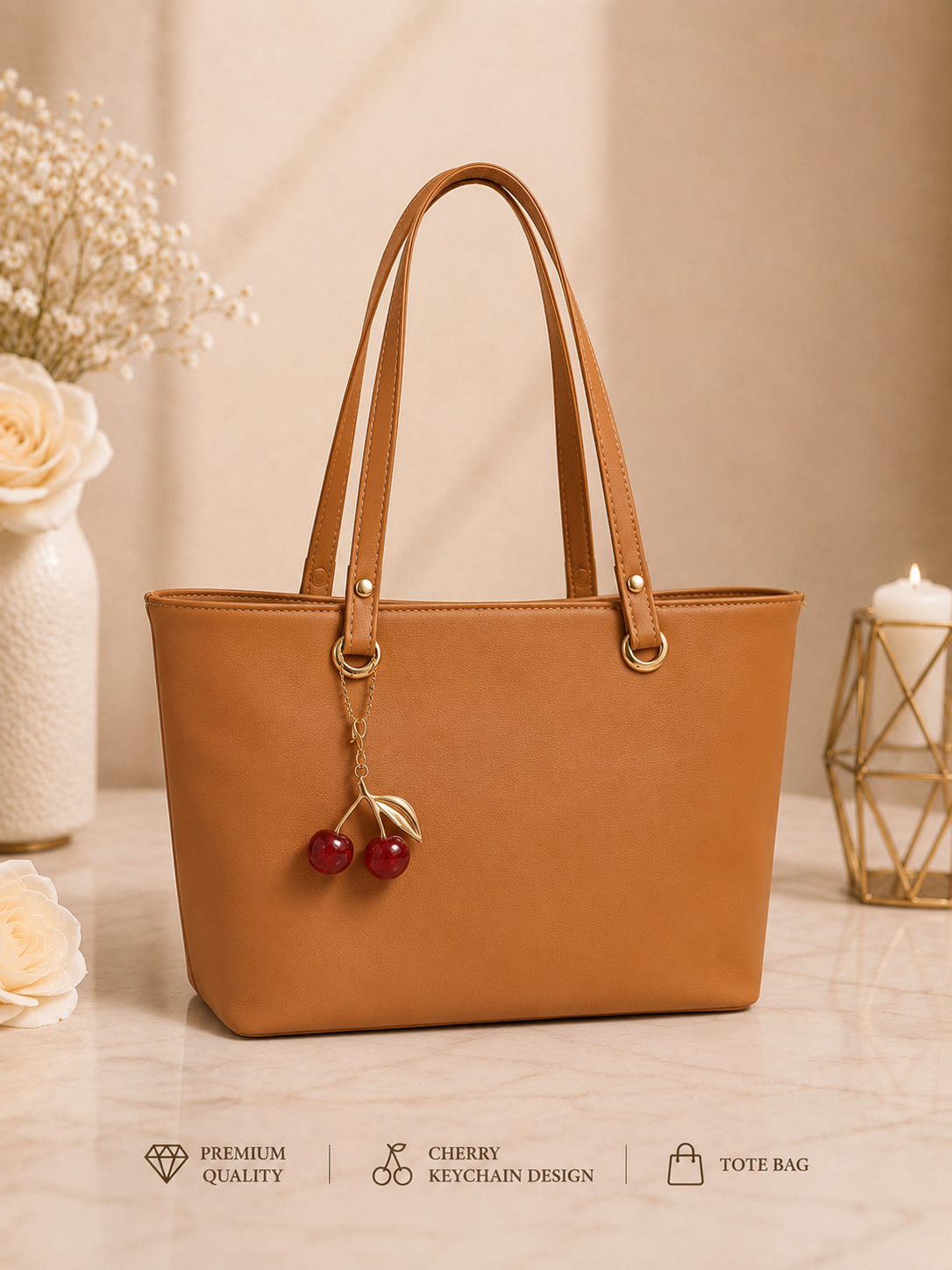Cherry Charm Women's Tote Bag with Dual Zip Compartments, Back Pocket & Inner Pocket