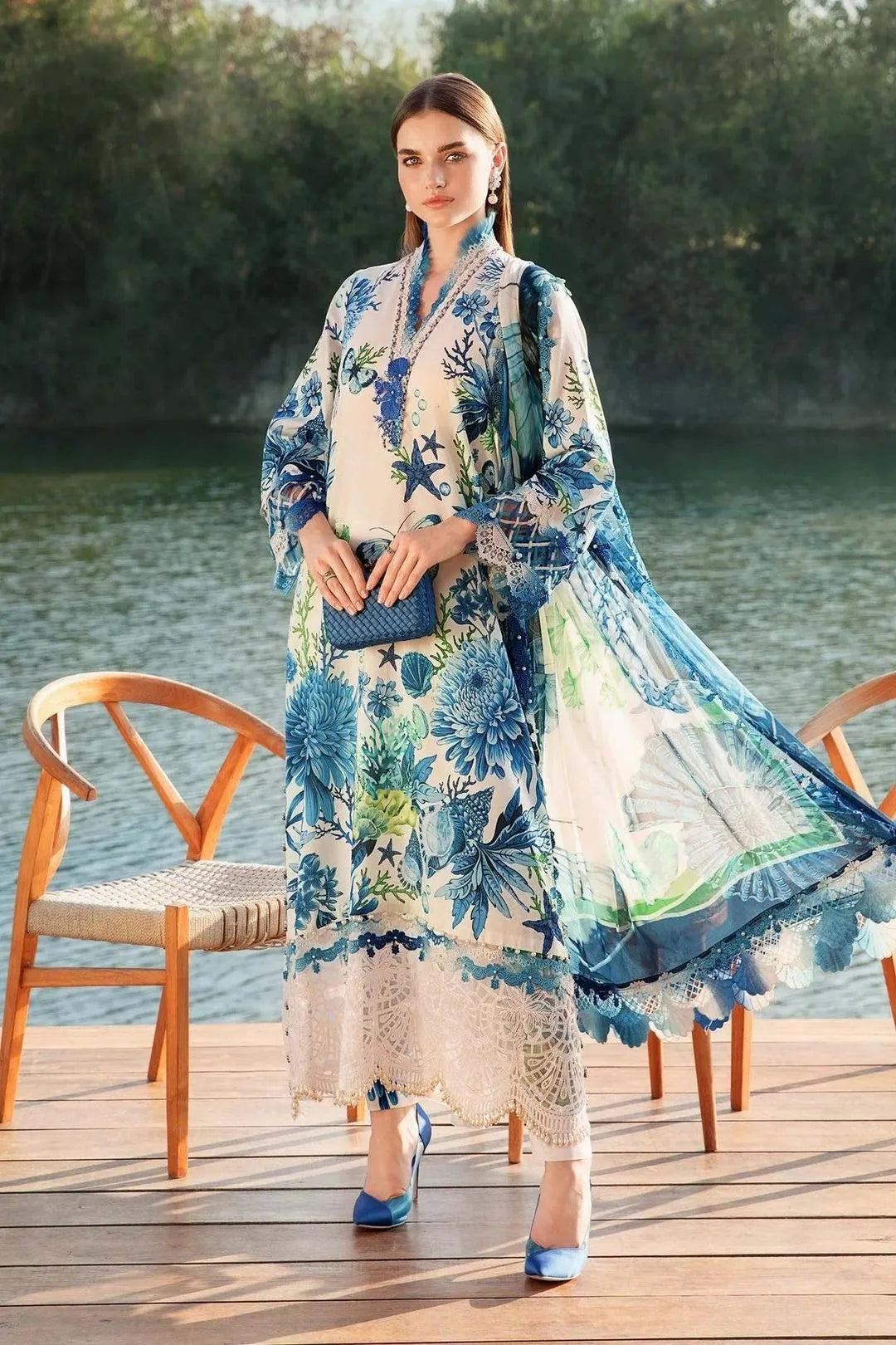 Digital Printed Lawn 3Pc Set Blue Floral Unstitched