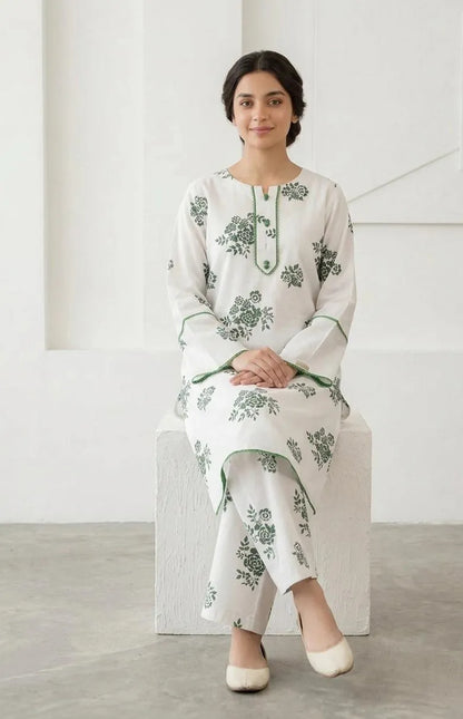 Pakistani Printed Kurta Pajama Set White Green Floral