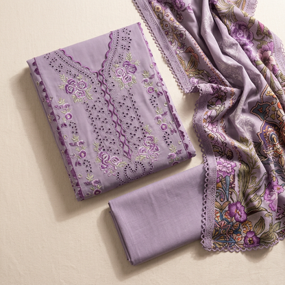 Lilac Embroidered 3-Piece Lawn Suit for Women