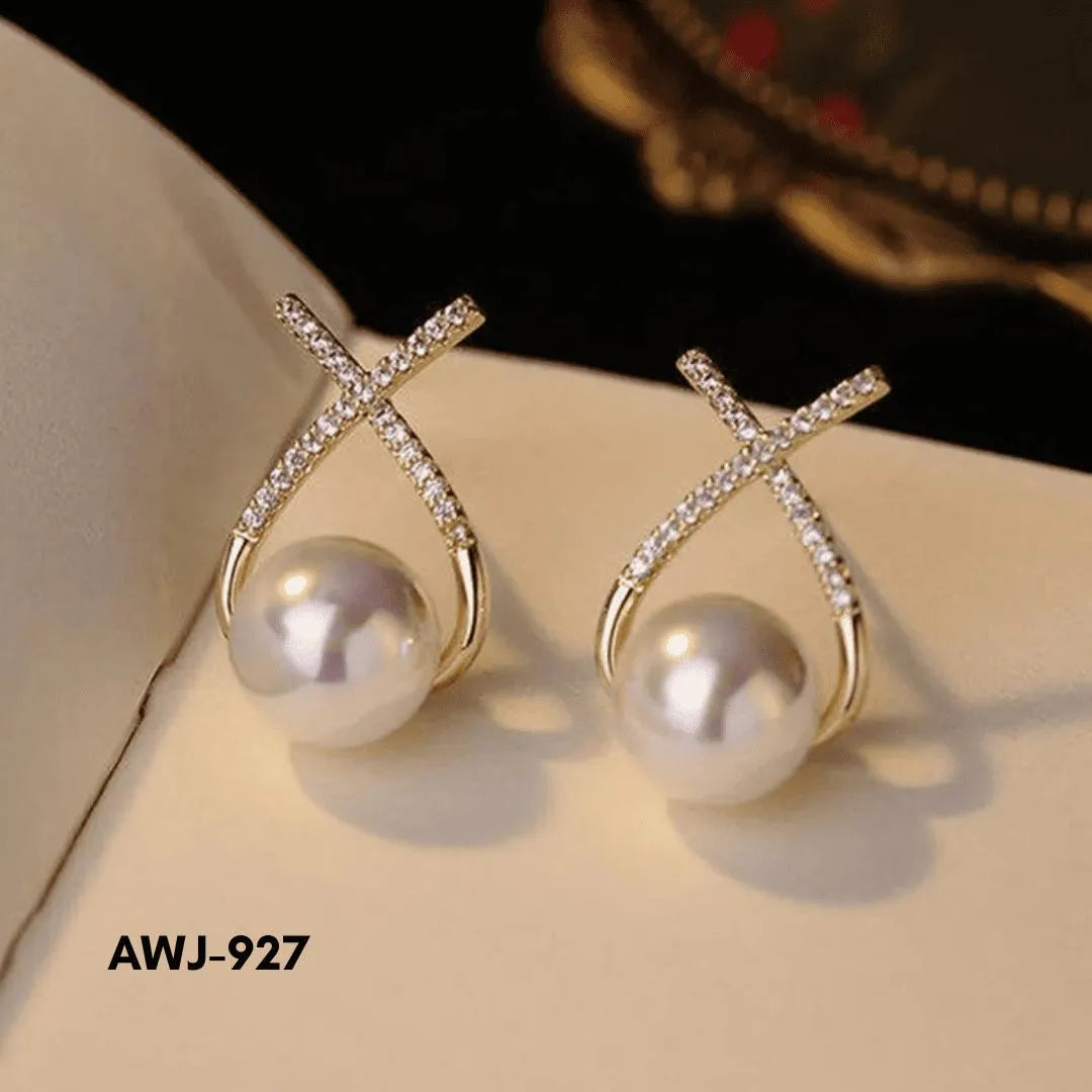 Cross Zircon Pearl Earrings Silver Gold Set