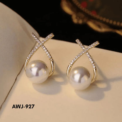 Cross Zircon Pearl Earrings Silver Gold Set