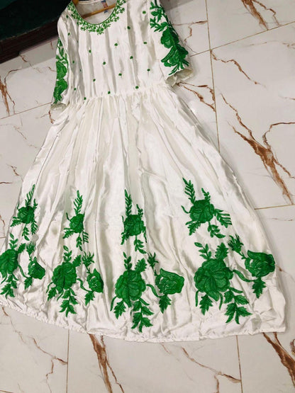 White Silk Maxi Suit with Green Floral Embroidery for Eid & Weddings