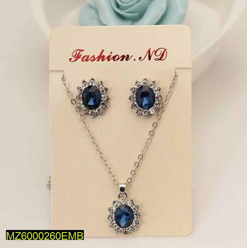 Blue Zircon Pendant & Earrings Set Silver Plated