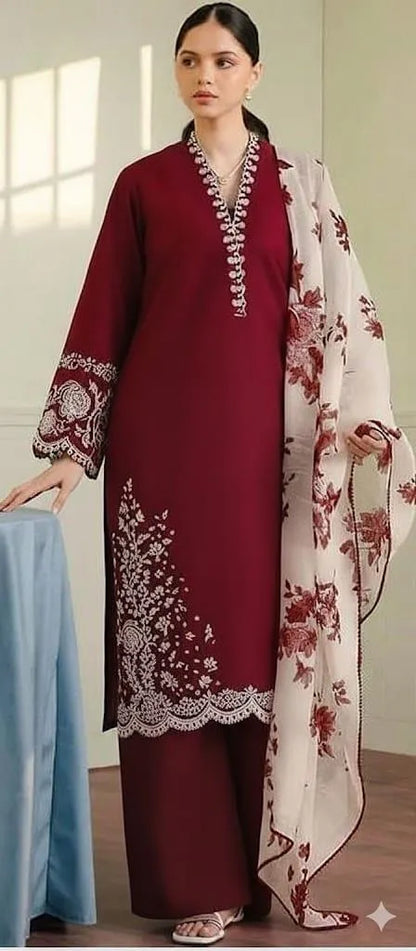 3pc Embroidered Lawn Suit Maroon with Dupata Print