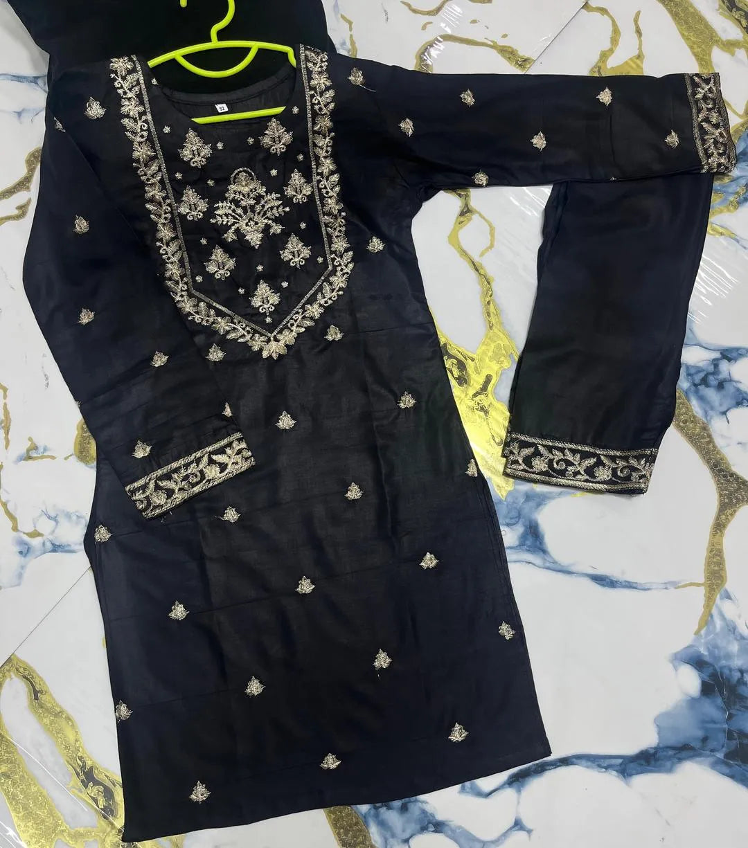 Black Linen Embroidered Kurta Trouser Set for Girls 7-12Yrs