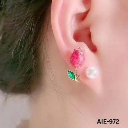 Flower Pearl Earrings Pink Green Leaf Lightweight Daily Wear