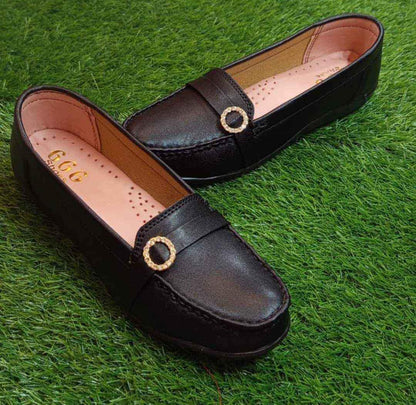 Black PVC Loafers with Gold Buckle for Women