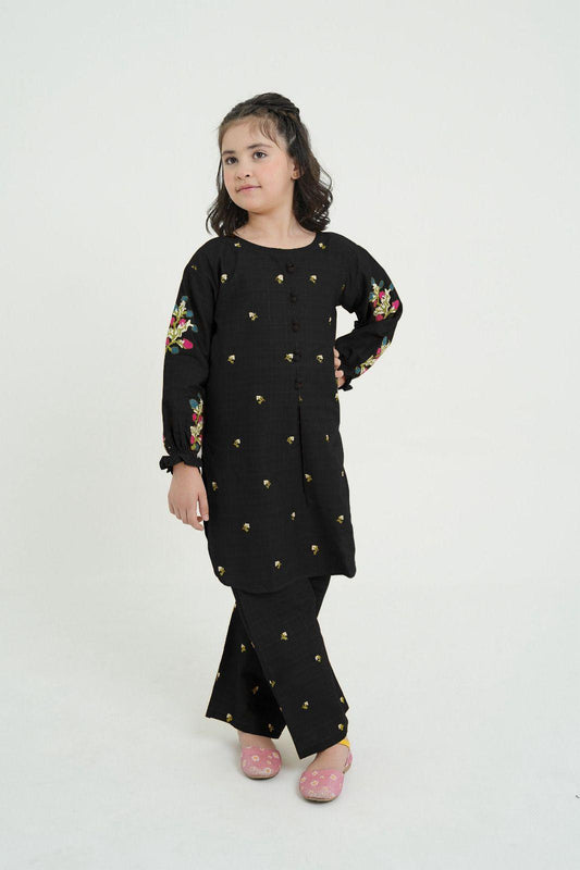 Black Embroidered Kurta Trouser Set for Girls 6-12 Years