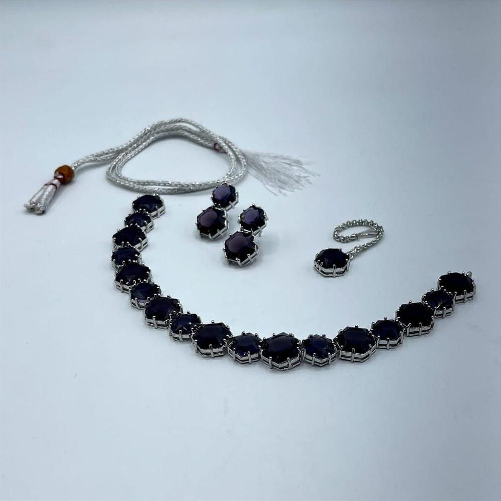 Silver Plated Necklace Set with Purple Gemstones for Women
