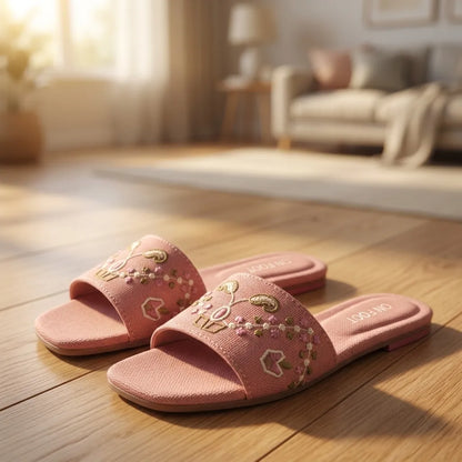 Women's Pink Threadwork Casual Slides Size 36-41