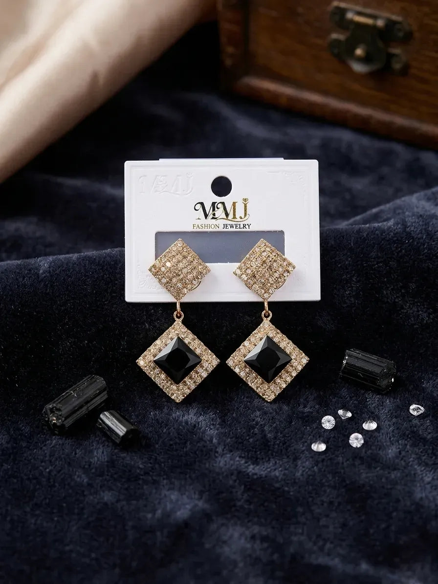 Golden Crystal Square Earrings for Women