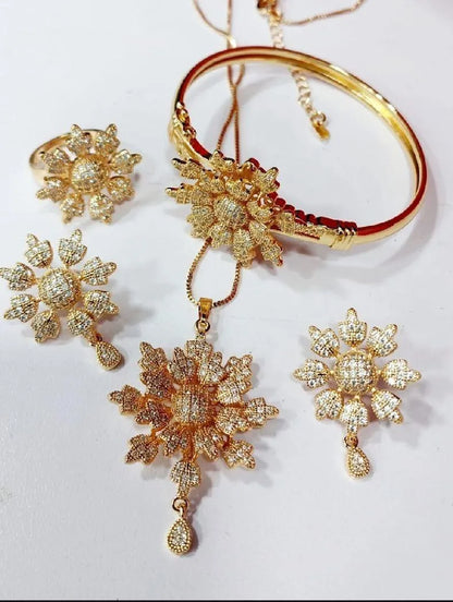 Golden Flower Jewelry Set for Women with Zarcoon Stones