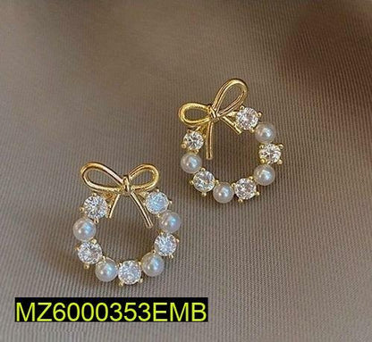 Golden Bow Earrings with Crystals & Pearls for Women