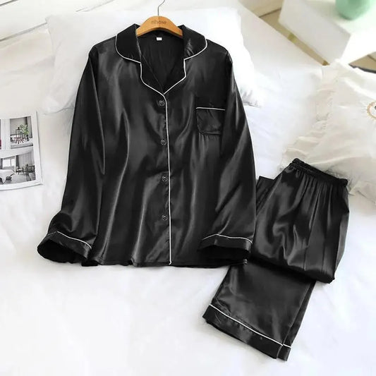 Black Silk Night Suit with White Piping for Women