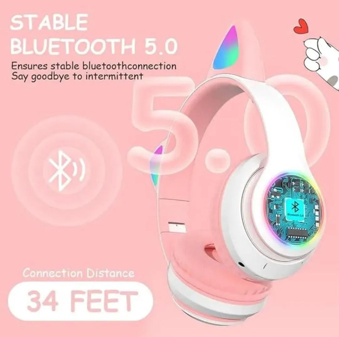 Cat Ear Bluetooth Headphones Pink with LED Lights