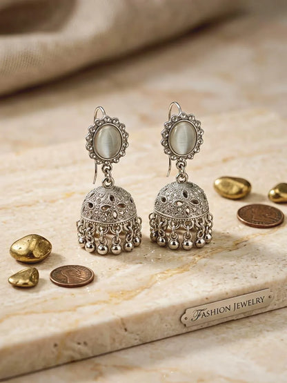 Silver Plated Crystal Jhumka Earrings for Women 2 Pcs