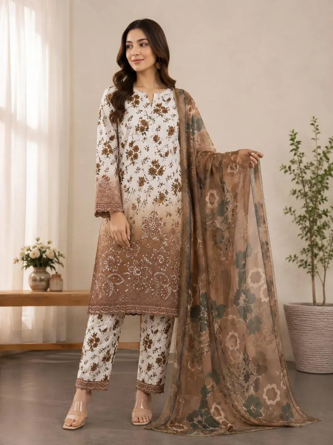 Brown Printed Lawn 3Pcs Women Suit Set