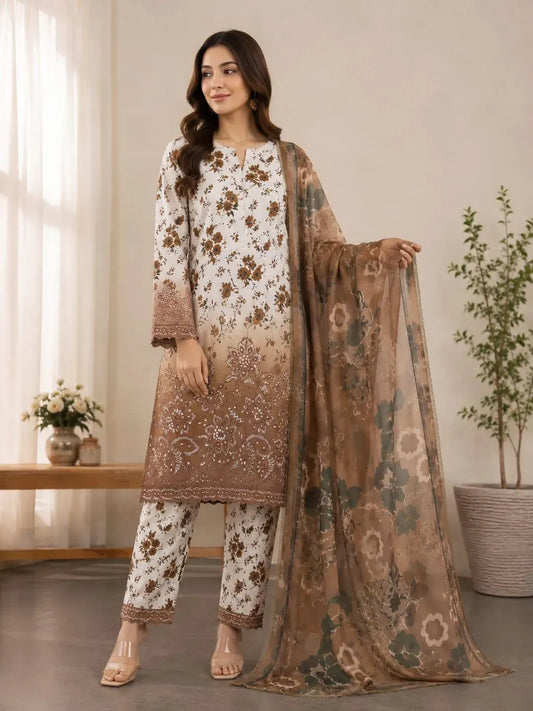 Brown Printed Lawn 3Pcs Women Suit Set