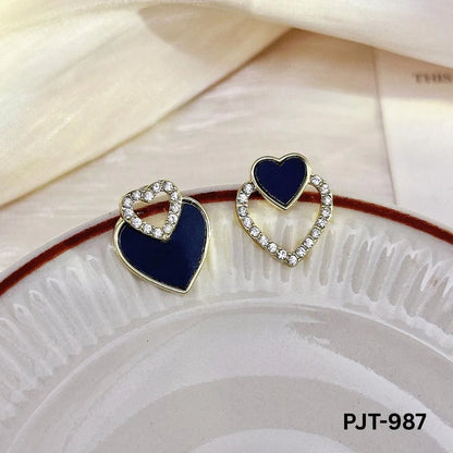 Navy Blue Heart Earrings with Rhinestones for Women
