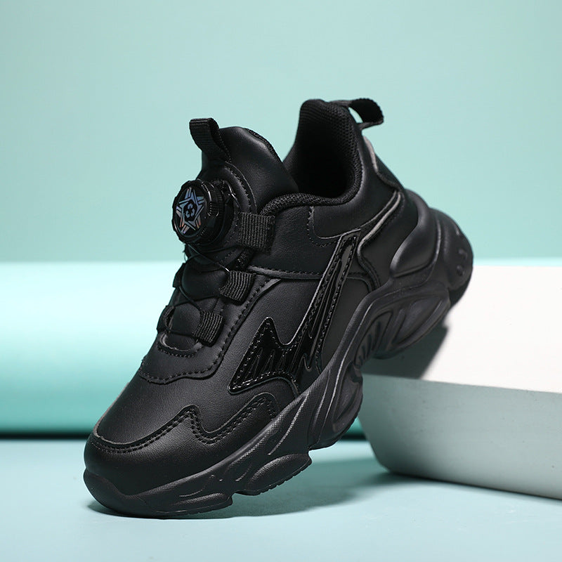 Kids Rotating Button Sneakers White Black Comfortable School Sports