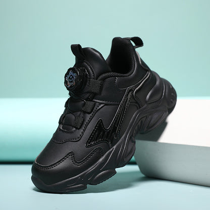 Kids Rotating Button Sneakers White Black Comfortable School Sports