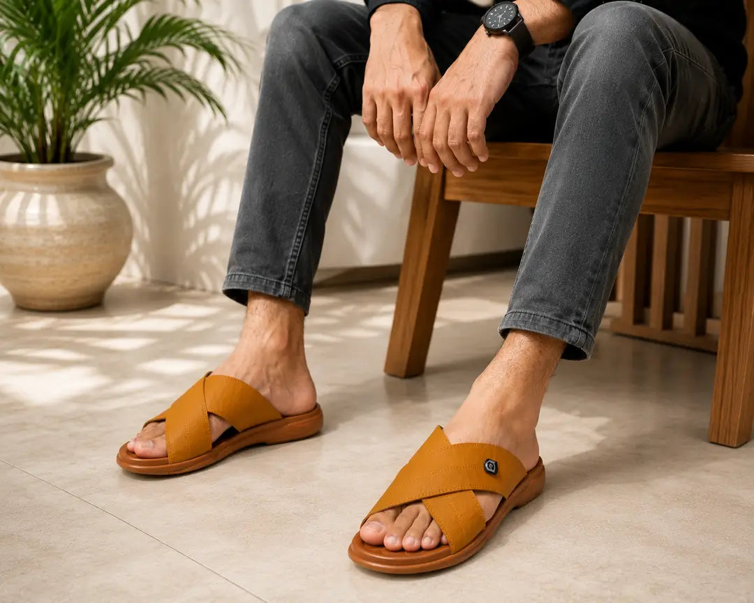Men's Cross Strap Slide Sandals | Premium Soft Comfortable Slippers for Men | Lightweight Anti-Slip Casual Summer Slides | Indoor Outdoor Open Toe Brown Sandals