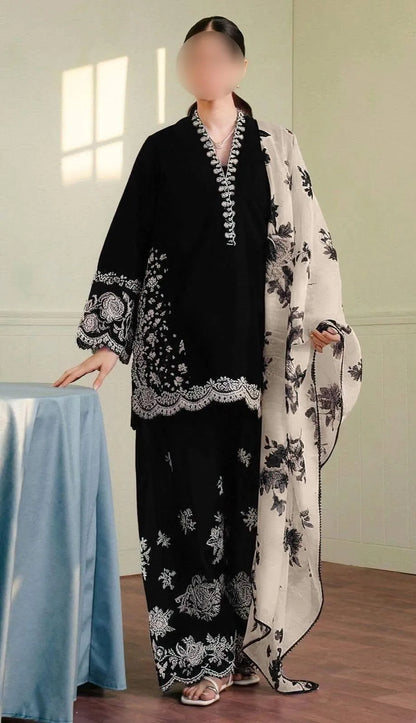 Black Embroidered Lawn Shirt with Dupatta Set