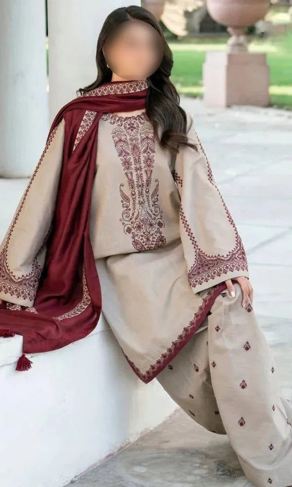 3-Piece Embroidered Lawn Suit Ivory Maroon for Weddings