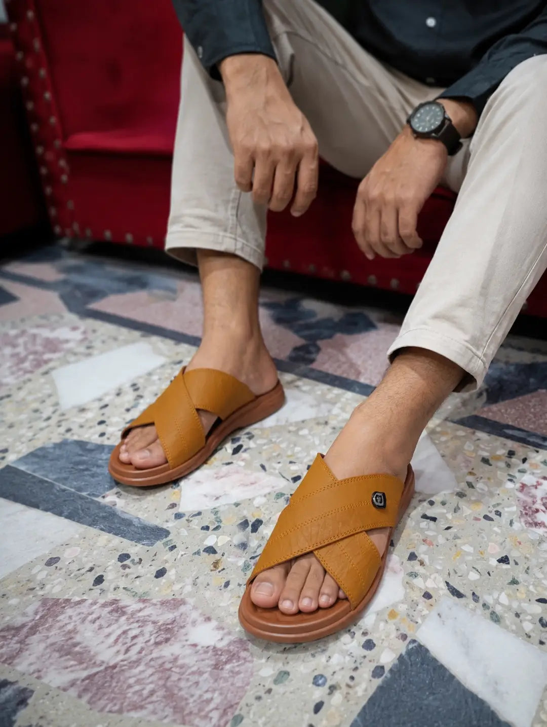 Men's Cross Strap Slide Sandals | Premium Soft Comfortable Slippers for Men | Lightweight Anti-Slip Casual Summer Slides | Indoor Outdoor Open Toe Brown Sandals