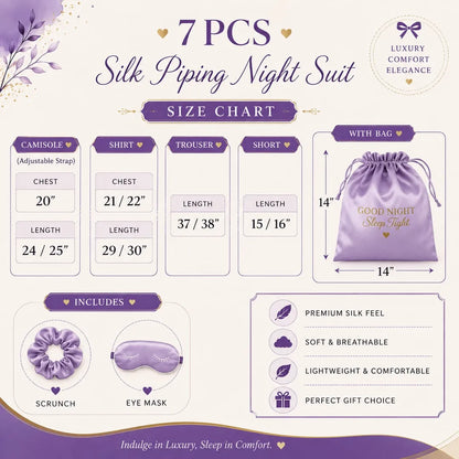 7 Pcs Women's Stitched Silk Piping Night suit