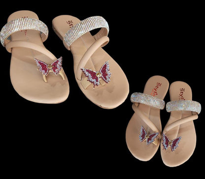 Women's Butterfly Rhinestone Chappals Beige
