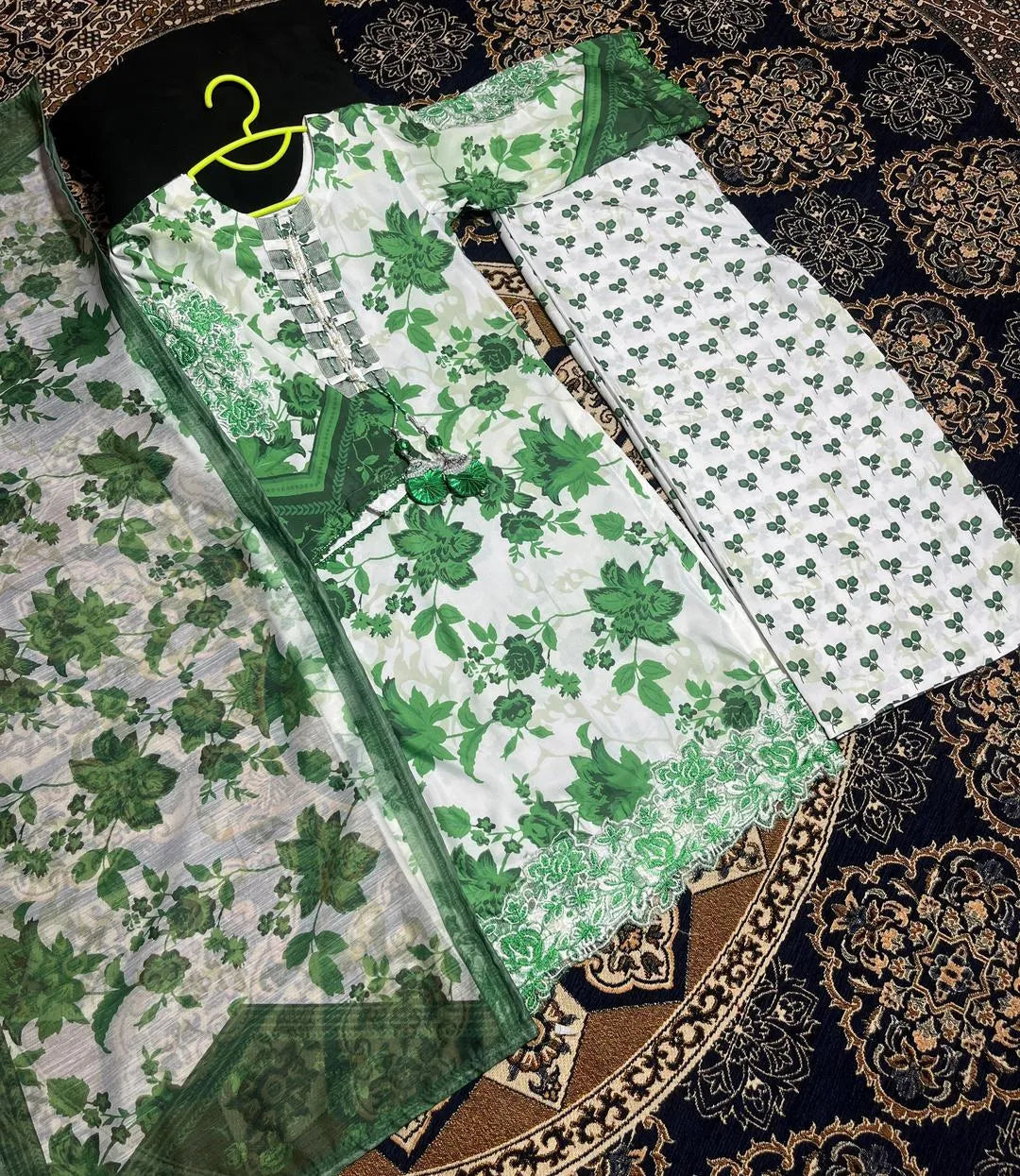 Green Floral Arabic Lawn 3-Piece Girl Suit