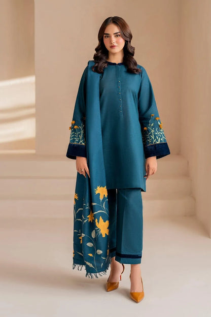 Teal Printed Kurta Set with Embroidered Shawl for Women