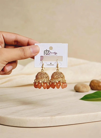 Elegant Gold Plated Jhumkas with Amber Beads for Weddings