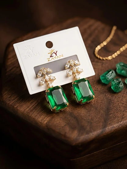 Women Green Crystal Earrings Gold Plated 2 Pcs