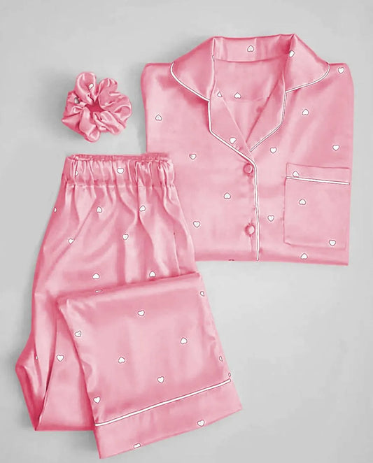 *Product Name*: Pink Silk Night Suit with Heart Print Piping Set