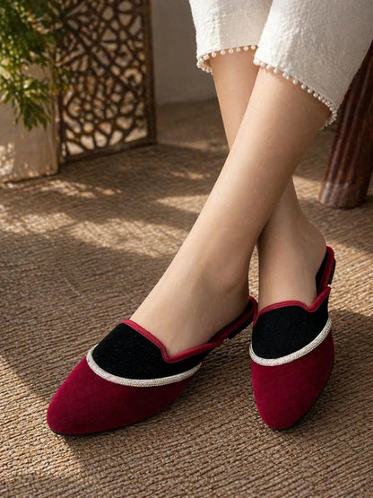 Women Red Black Flat Mules Chappal