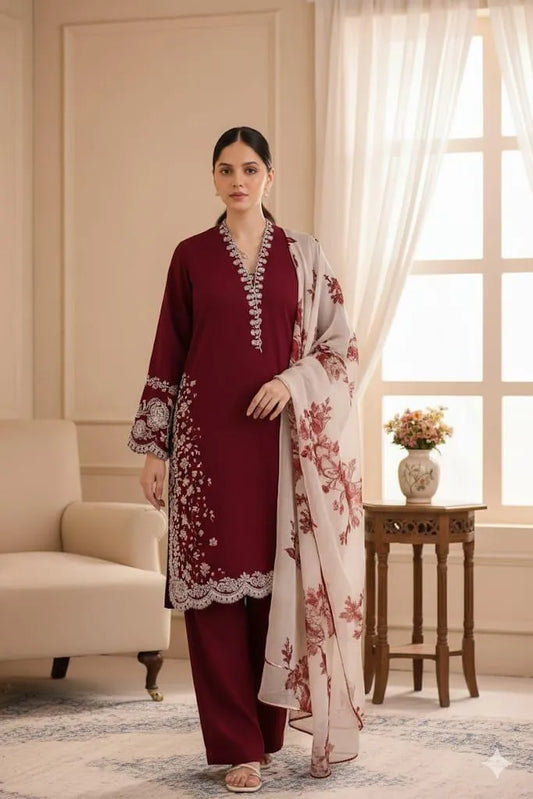 3pc Embroidered Lawn Suit Maroon with Dupata Print
