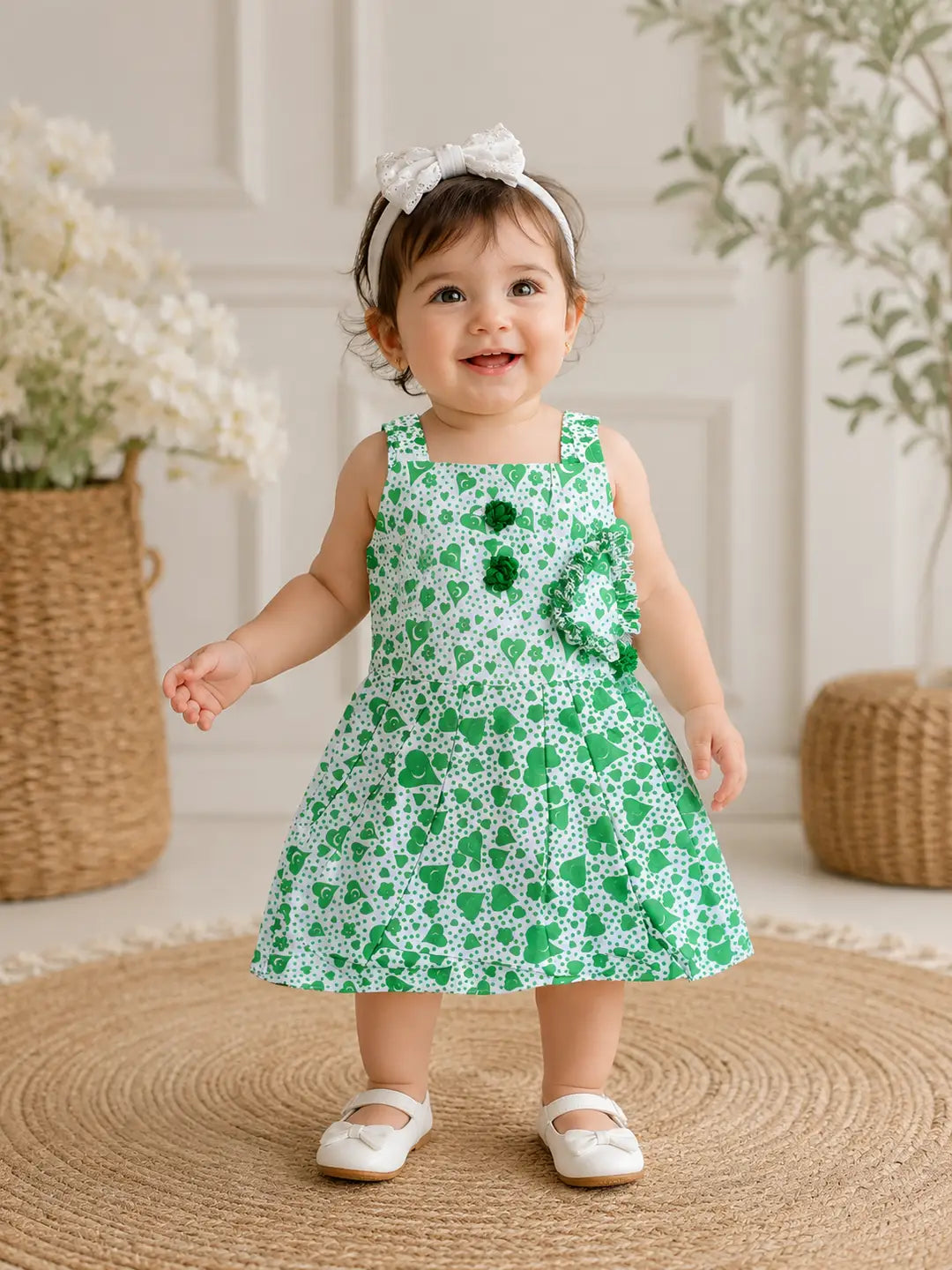 2 Pcs Girl's Cotton Lawn Printed Frock And Trouser Set