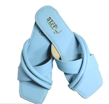 Blue Cross-Strap Rexine Slides for Women