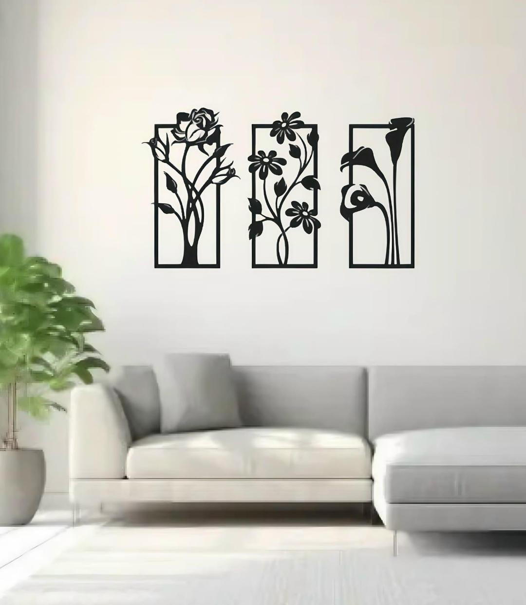 Modern Abstract Floral Wall Art Set Black MDF 12x22"