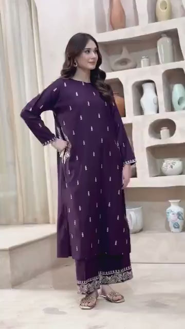 Purple Embroidered 2-Piece Women's Lawn Suit for Weddings & Parties