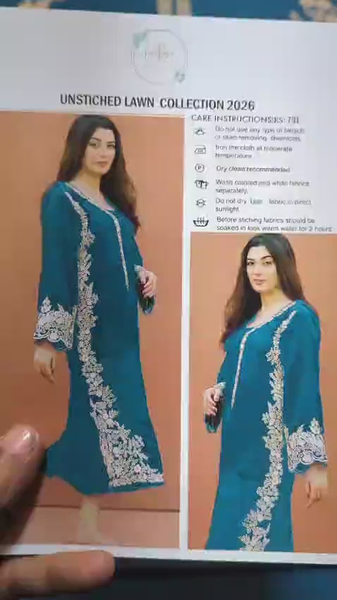 Unstitched Lawn Suit Blue Gold Embroidery for Bakra Eid