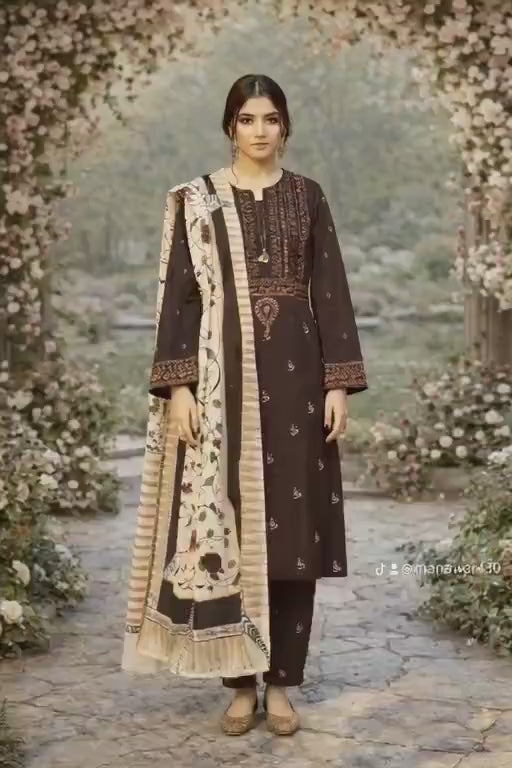 3pc Embroidered Lawn Suit Brown Floral Dupatta