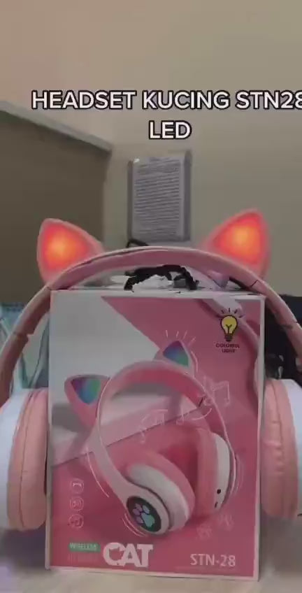 Cat Ear Bluetooth Headphones Pink with LED Lights